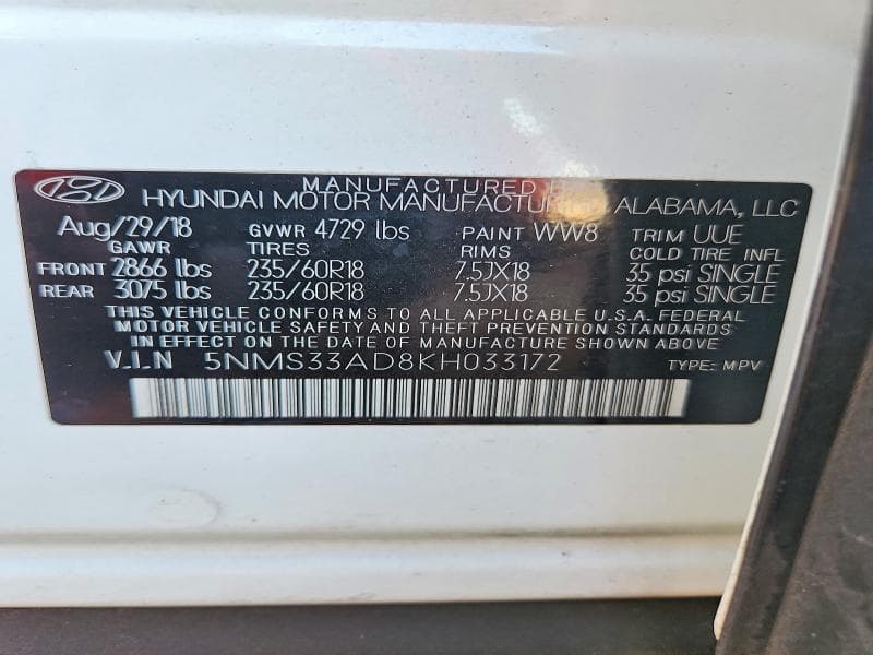2019 HYUNDAI SANTA FE SEL PLUS 2.4L 13