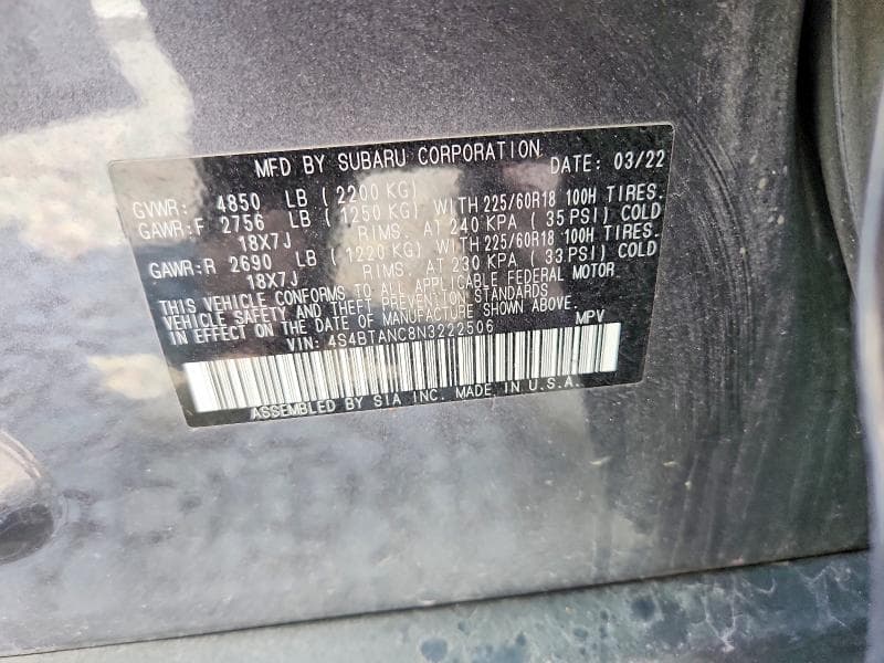 2022 SUBARU OUTBACK LIMITED 13