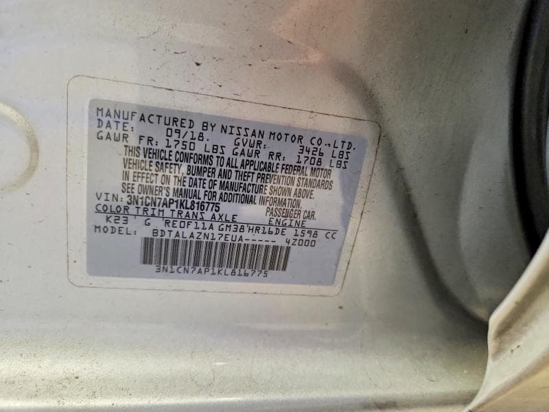 2019 NISSAN VERSA S PLUS 12