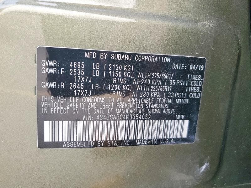 2019 SUBARU OUTBACK 2.5I 13