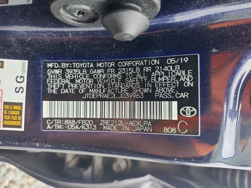 2020 TOYOTA COROLLA LE 12