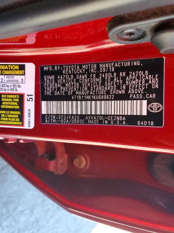 2019 TOYOTA CAMRY LE 12