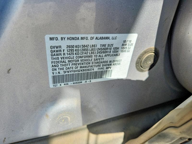 2019 HONDA PILOT EXL 12