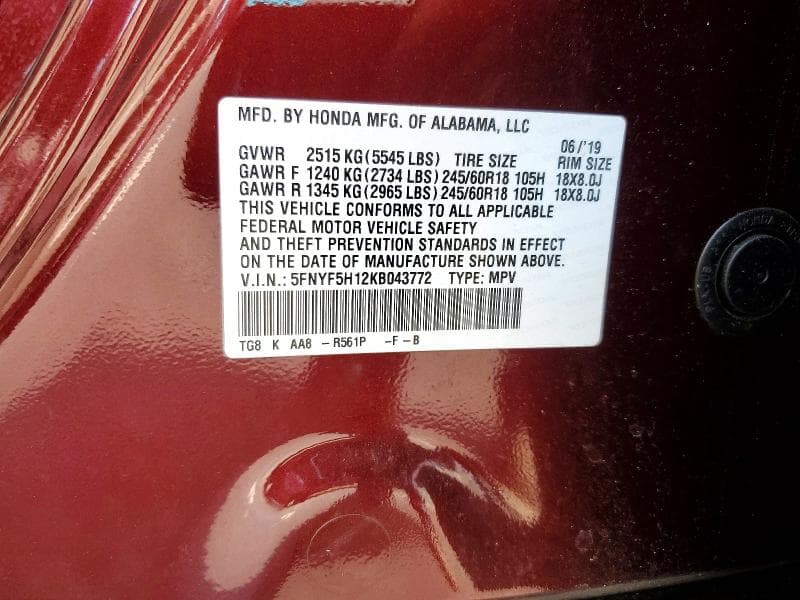 2019 HONDA PILOT LX 13