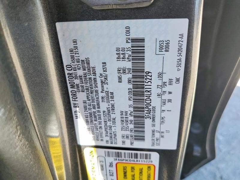 2020 FORD FUSION SEL 12