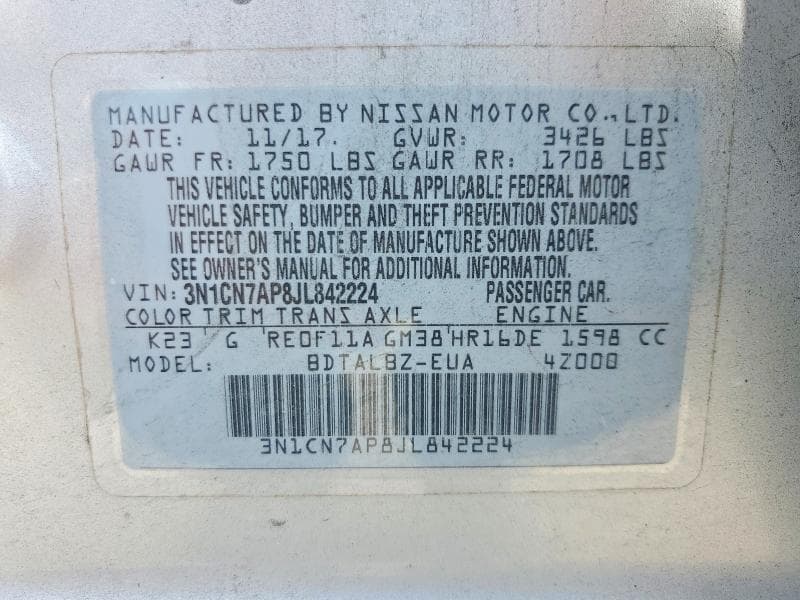 2018 NISSAN VERSA SV 12