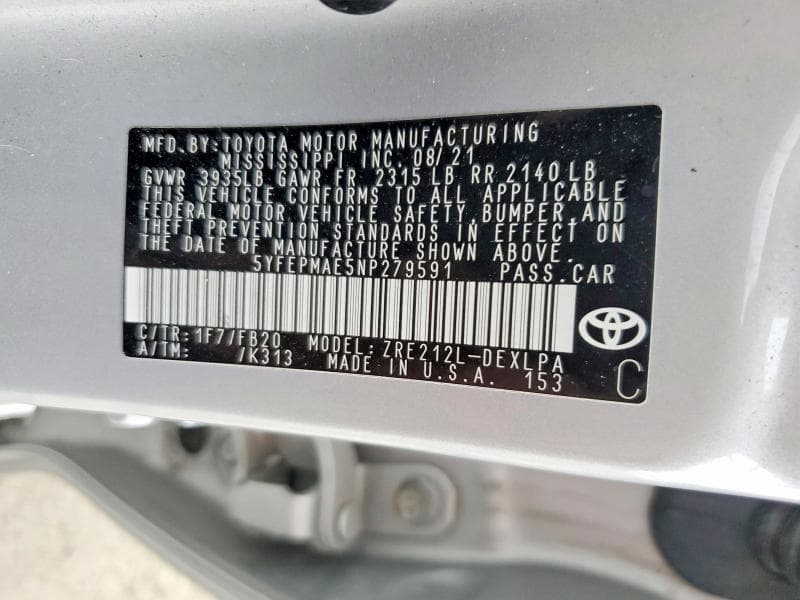 2022 TOYOTA COROLLA LE 12