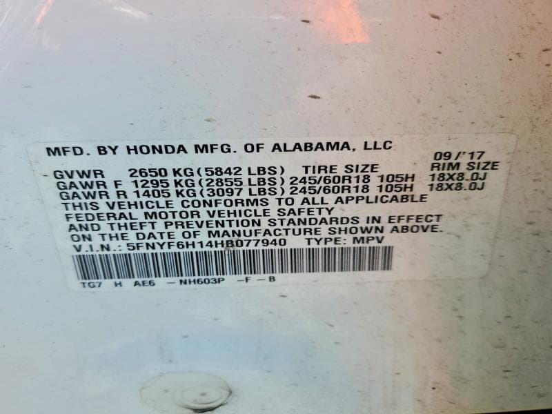 2017 HONDA PILOT LX 13