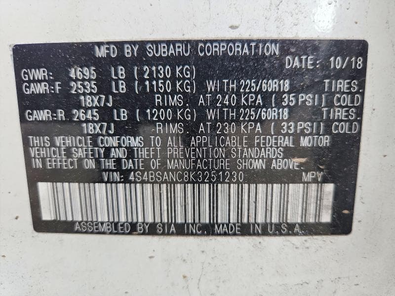 2019 SUBARU OUTBACK 2.5I LIMITED 14