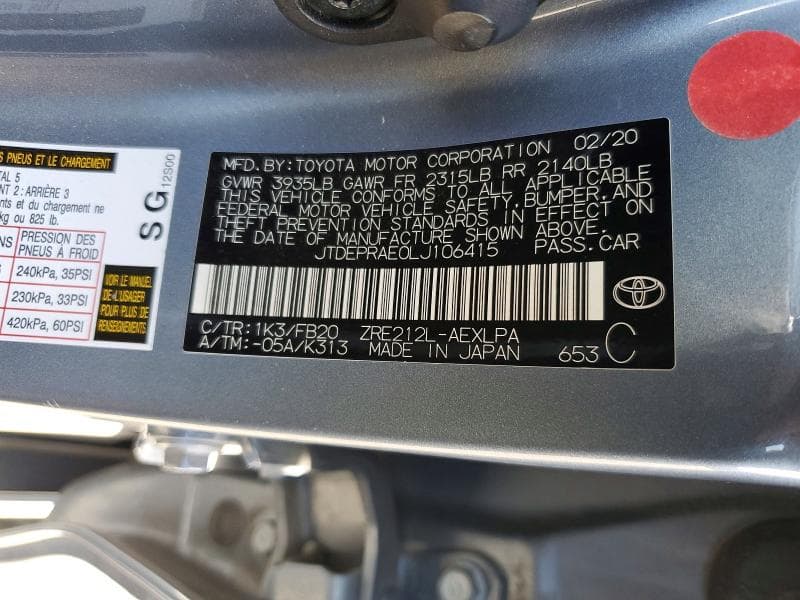 2020 TOYOTA COROLLA LE 12