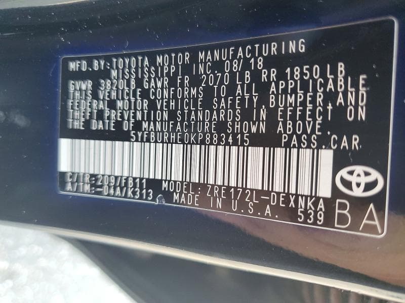 2019 TOYOTA COROLLA LE 13