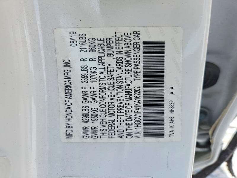 2019 HONDA ACCORD EX 12