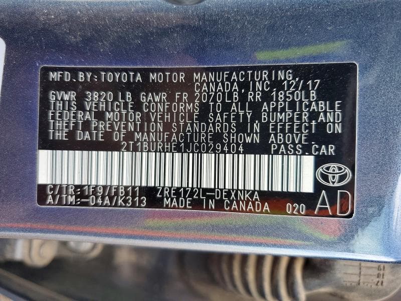 2018 TOYOTA COROLLA LE 12