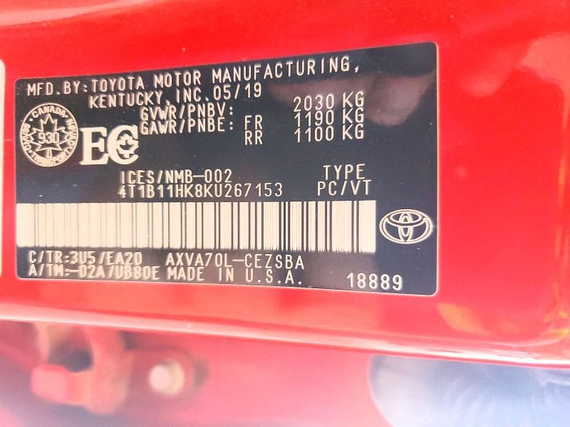 2019 TOYOTA CAMRY L 12