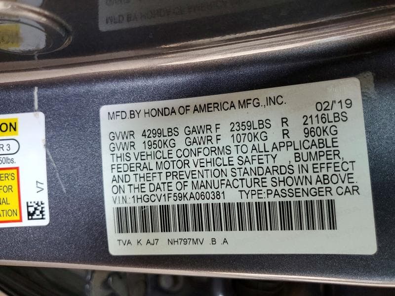 2019 HONDA ACCORD EXL 12