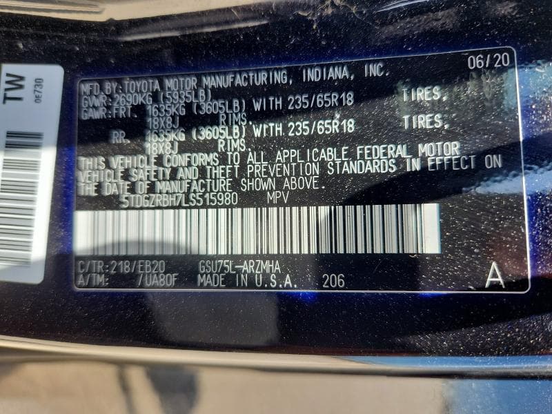 2020 TOYOTA HIGHLANDER XLE 12