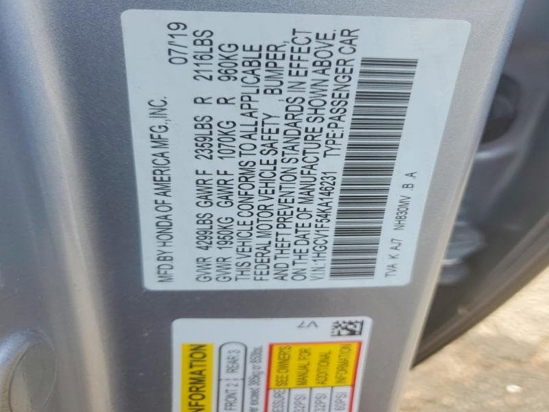 2019 HONDA ACCORD EXL 12