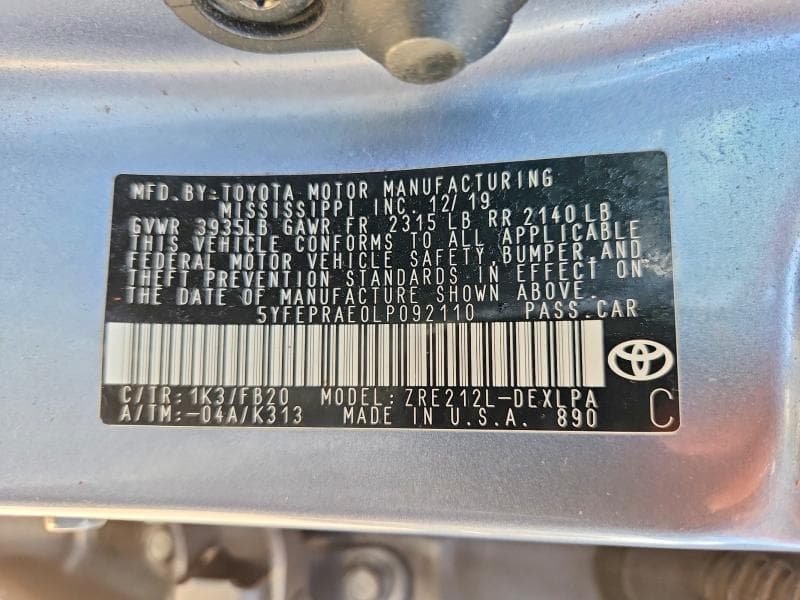 2020 TOYOTA COROLLA LE 13