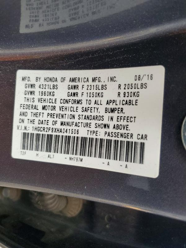 2017 HONDA ACCORD EXL 12