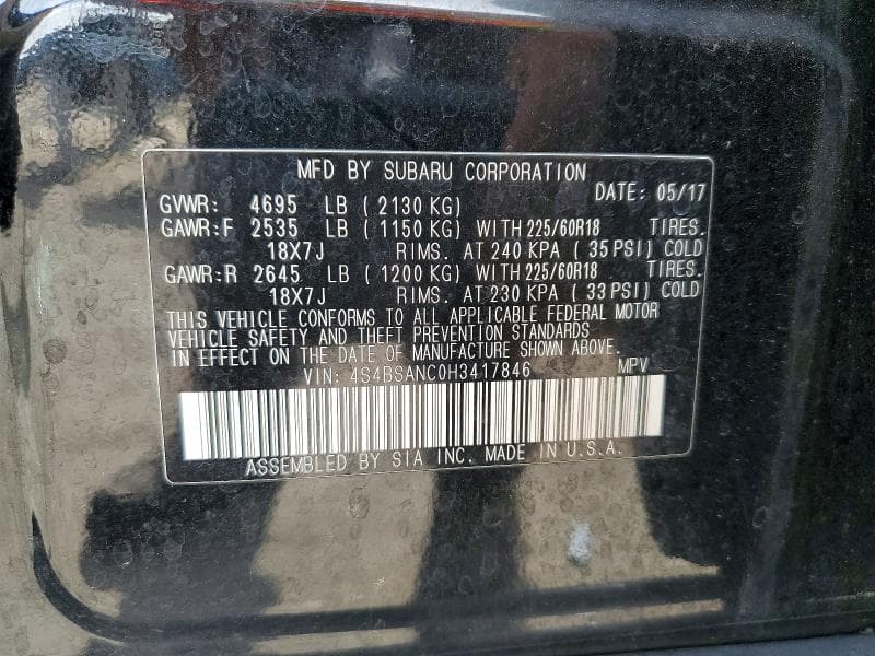 2017 SUBARU OUTBACK 2.5I LIMITED 12