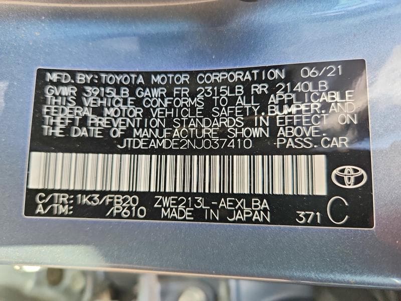 2022 TOYOTA COROLLA LE 12