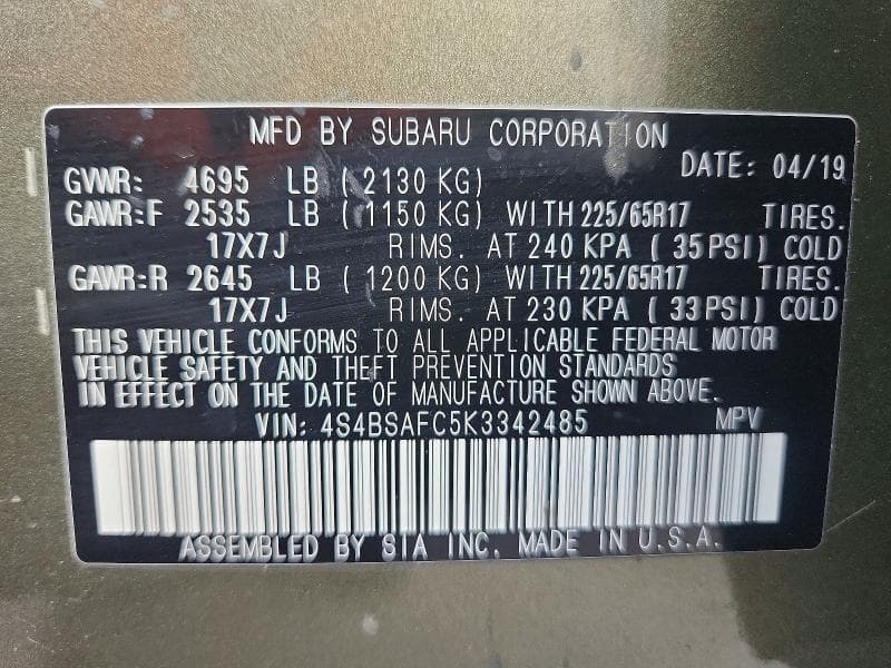 2019 SUBARU OUTBACK 2.5I PREMIUM 12