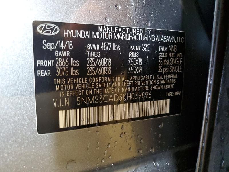 2019 HYUNDAI SANTA FE SEL PLUS 2.4L 13