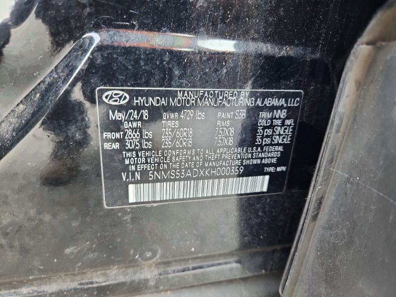 2019 HYUNDAI SANTA FE LIMITED 2.4L 12