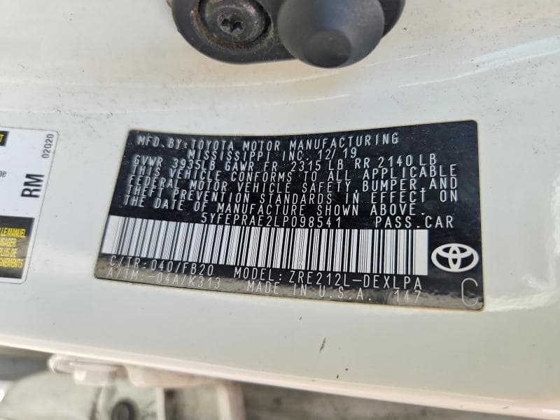 2020 TOYOTA COROLLA LE 12