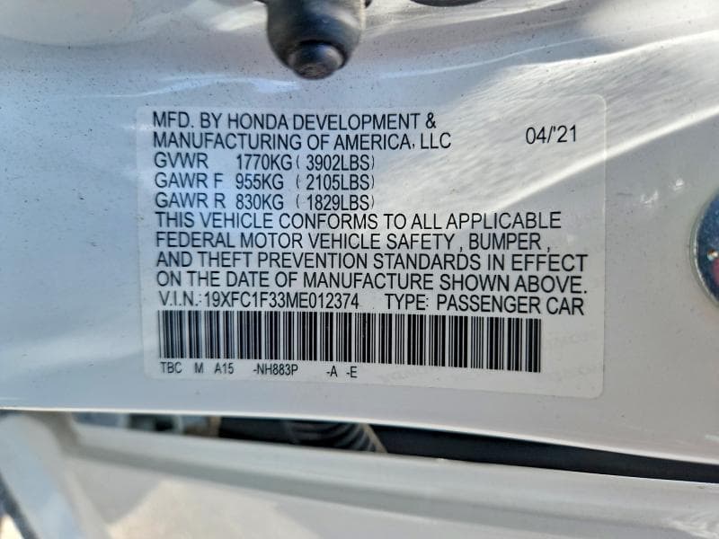 2021 HONDA CIVIC EX 12