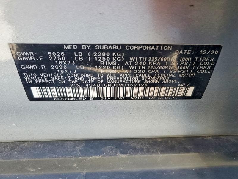 2021 SUBARU OUTBACK LIMITED XT 13
