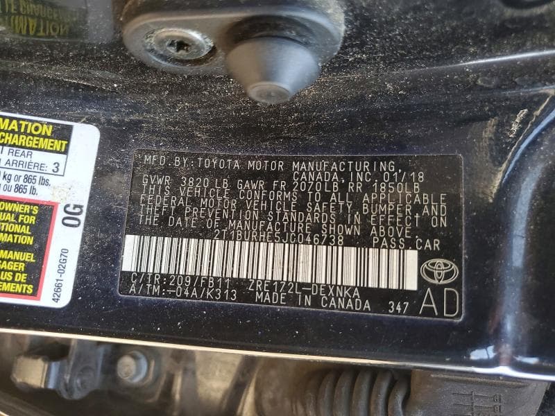 2018 TOYOTA COROLLA LE 12