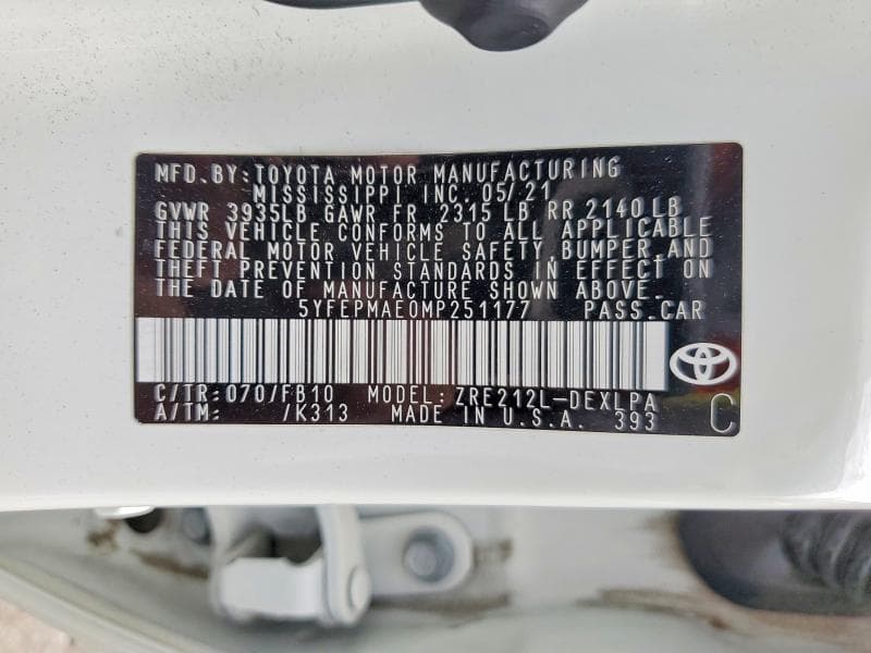 2021 TOYOTA COROLLA LE 12
