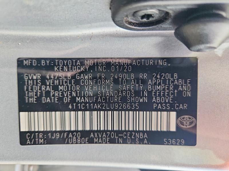 2020 TOYOTA CAMRY LE 12