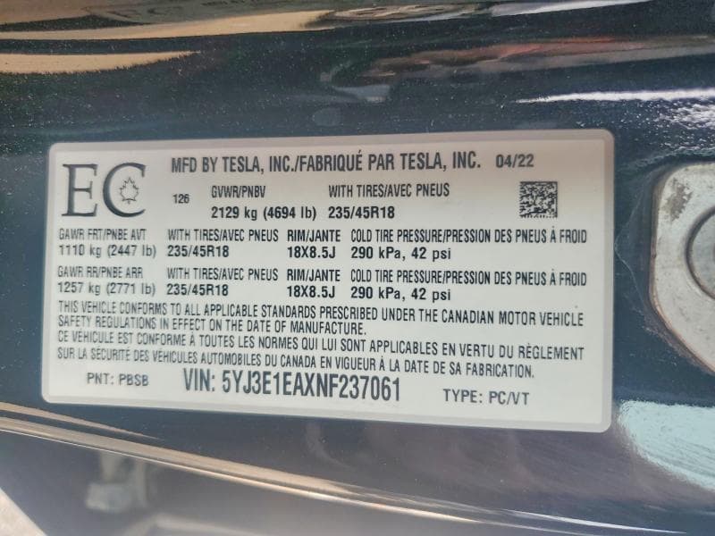 2022 TESLA MODEL 3 12