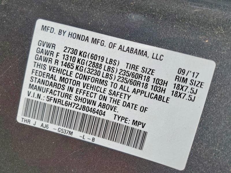 2018 HONDA ODYSSEY EXL 14