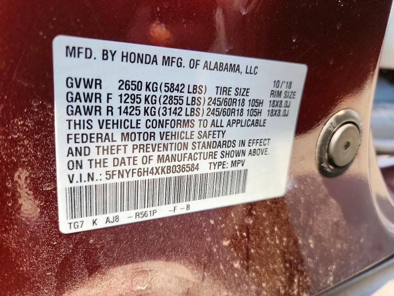 2019 HONDA PILOT EXL 12