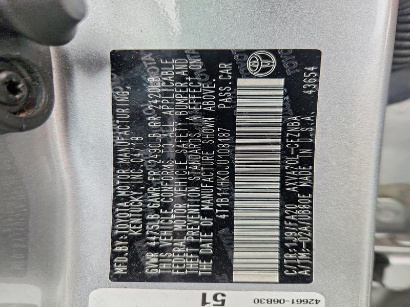 2018 TOYOTA CAMRY LE 13