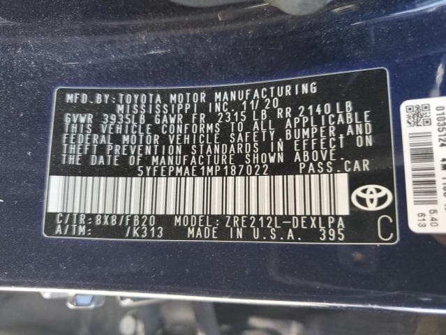 2021 TOYOTA COROLLA LE 12