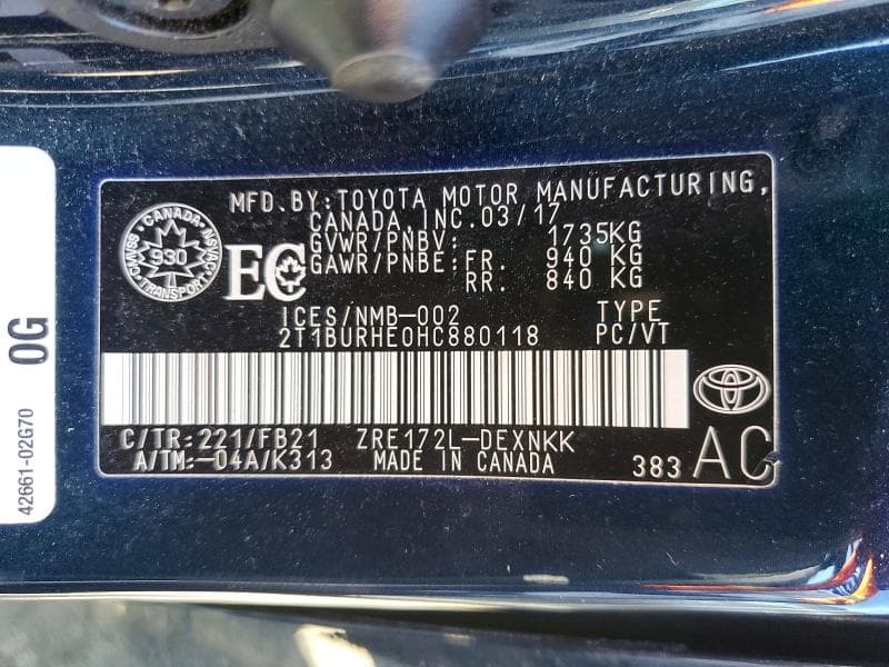 2017 TOYOTA COROLLA L 12