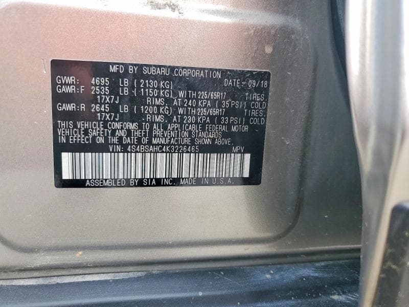 2019 SUBARU OUTBACK 2.5I PREMIUM 12