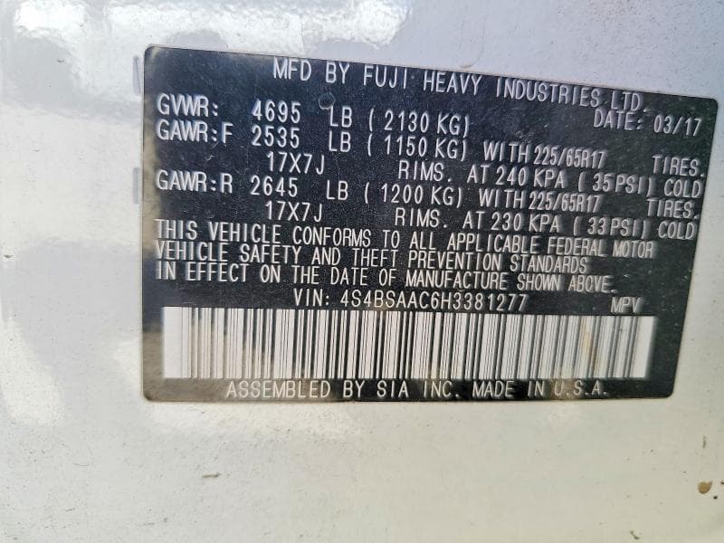 2017 SUBARU OUTBACK 2.5I 14