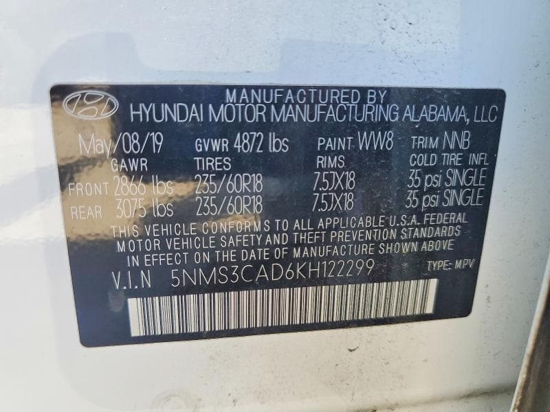 2019 HYUNDAI SANTA FE SEL PLUS 2.4L 13