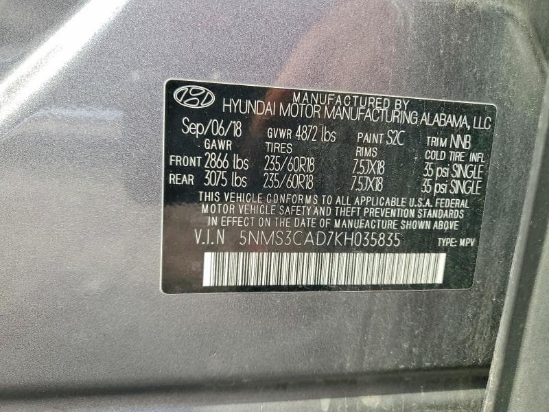 2019 HYUNDAI SANTA FE SEL PLUS 2.4L 13