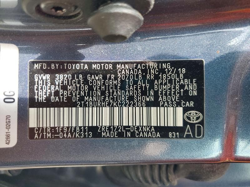 2019 TOYOTA COROLLA LE 12