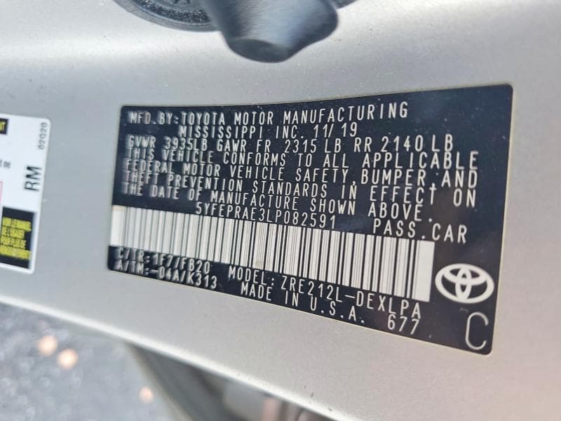 2020 TOYOTA COROLLA LE 12