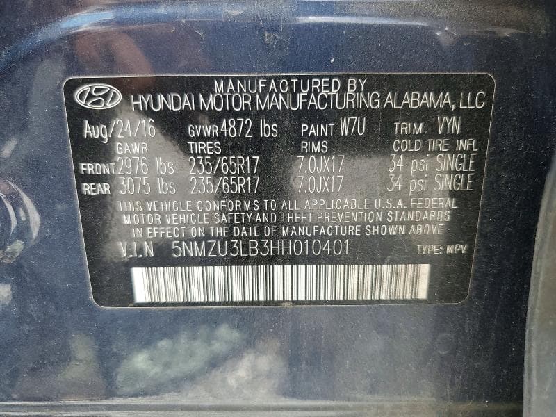 2017 HYUNDAI SANTA FE SPORT 2.4L 12