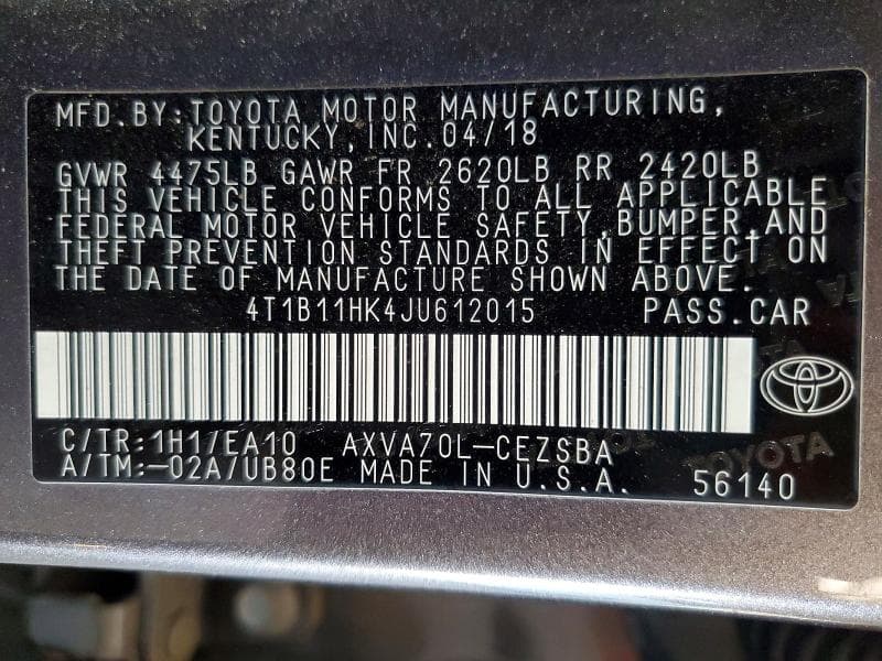 2018 TOYOTA CAMRY SE 12