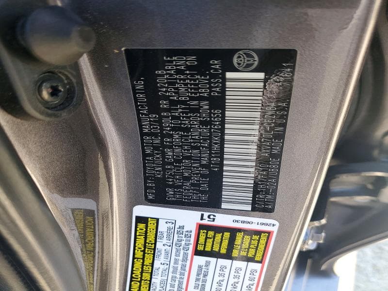 2019 TOYOTA CAMRY LE 12