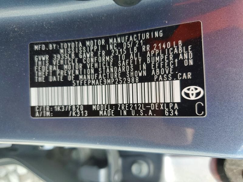 2021 TOYOTA COROLLA LE 12